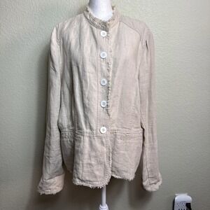 Charter Club Women's Blazer Beige Size XL Linen Button Front Fringe Casual